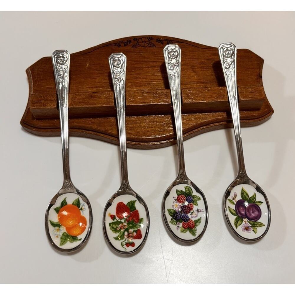 Collectible Avon 1981 Fruit Jelly Spoons Stainless Steel Porcelain Enamel Set